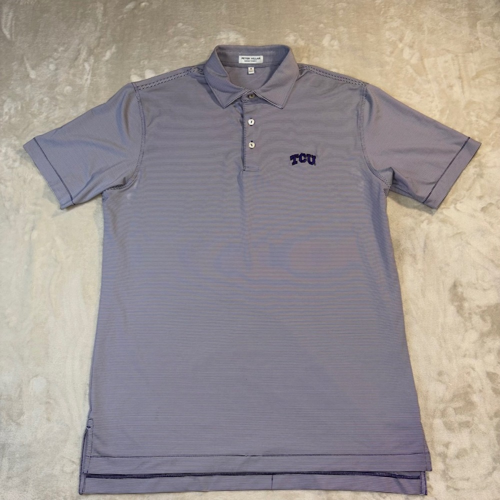 Peter Millar TCU Horned Frogs Polo Shirt Mens Medium Purple White Stripe Golf